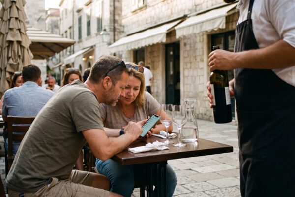 Deux clients étrangers consultent la carte des vins sur un téléphone à une table de terrasse