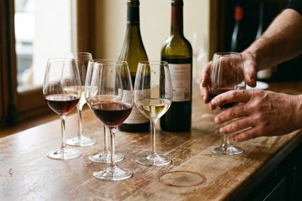 Une rangée de verres de vin servis sur un passe de bar, prêts à partir en salle